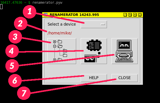 RENAMERATOR GUI with labeled parts